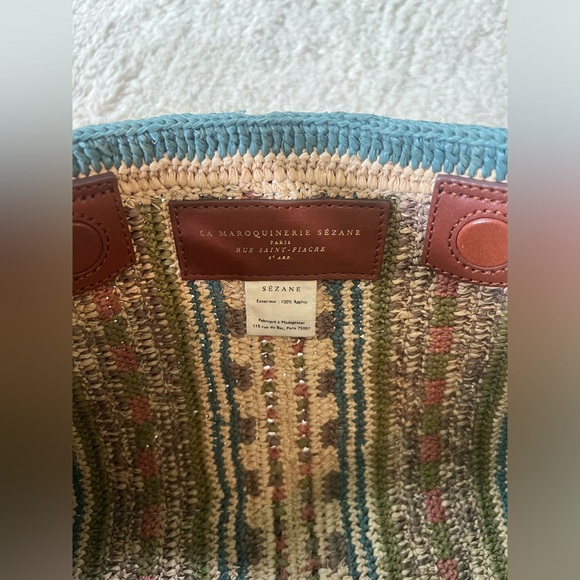 Sezane Carla Pouch Clutch Hand Bag Woven raffia evening stripe green tan pink - Picture 6 of 12